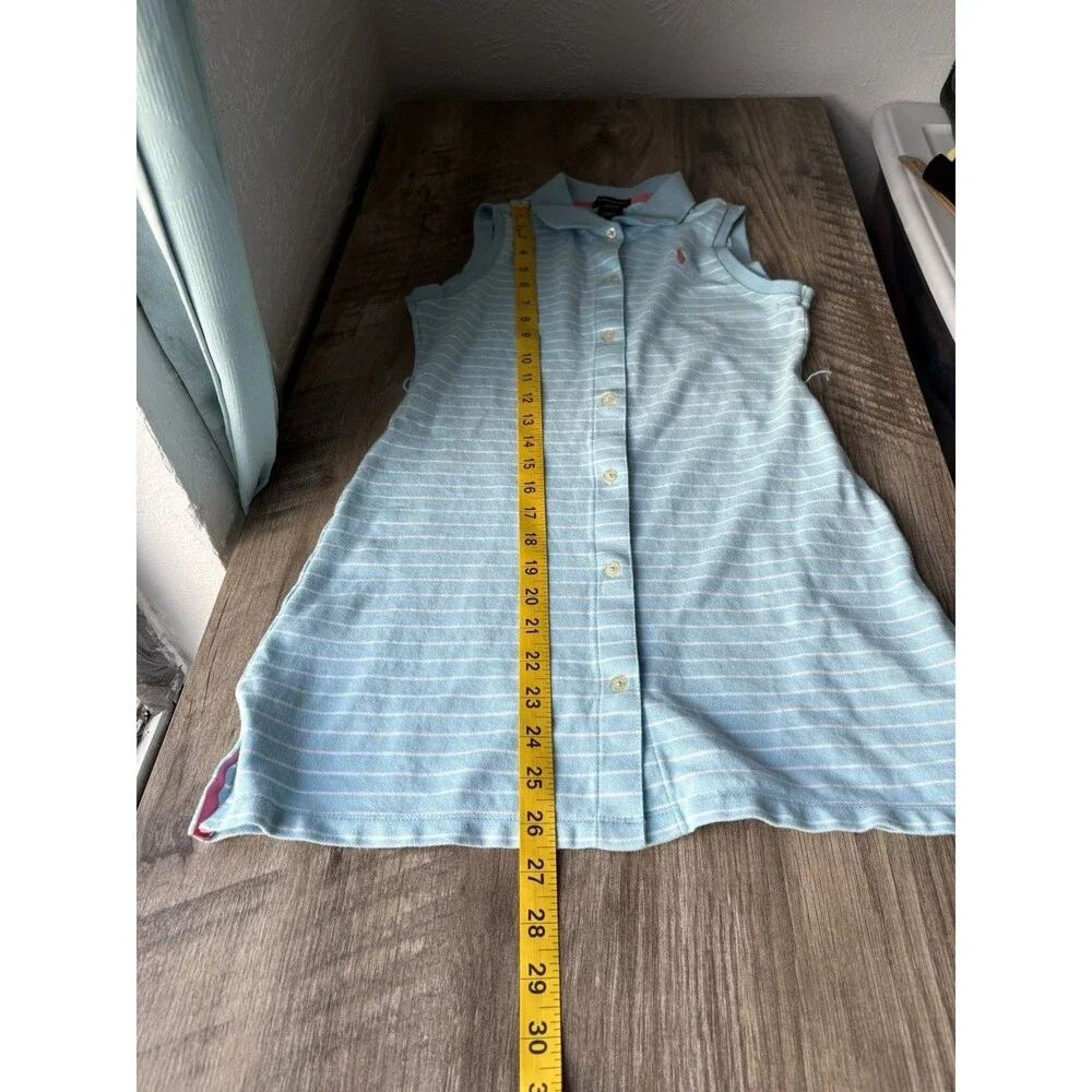 Ralph Lauren Vintage Girls Light Blue & White Stripped Collared Sleeveless Dress